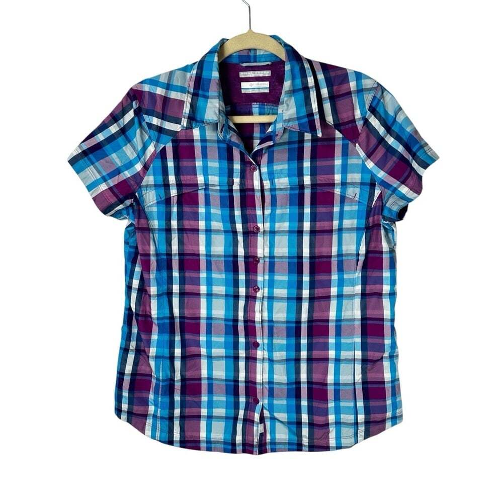 Columbia Omni Shade Blouse XL Purple Blue Plaid Short Sleeve Casual Travel Shirt